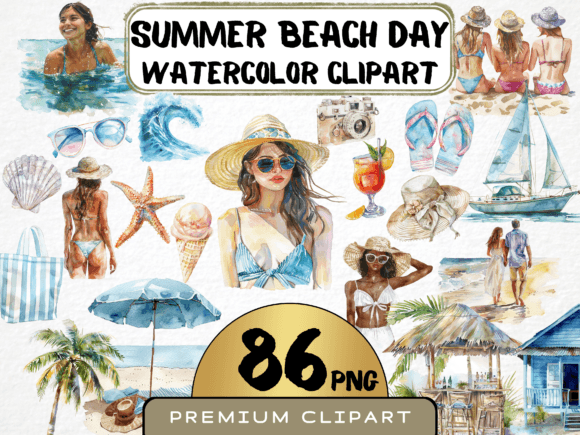 Download Summer Beach Day Watercolor Clipart PNG - Beach day Collection